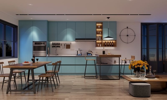 Tủ bếp phong cách châu Âu sôi động với thiết kế thanh lịch và cánh cửa màu xanh lá cây