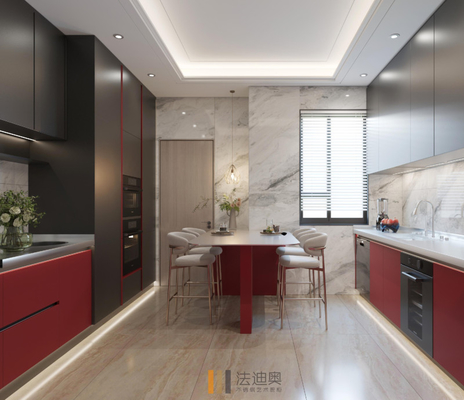 Hộp bếp hiện đại trong màu đỏ và đen với bàn mở rộng