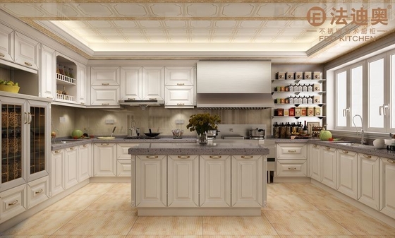Tủ bếp thép không gỉ màu trắng hiện đại với tấm cửa hồ sơ và tay cầm vàng