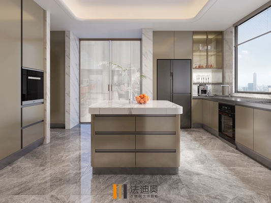 Tủ bếp hiện đại với kết thúc màu Mica Brown và Central Square Island