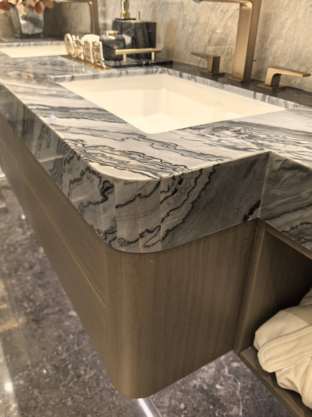 Fadior Luxe Arc â Stainless Steel Bathroom Vanity With Woodgrain Doors & Quartz Top - feature detail